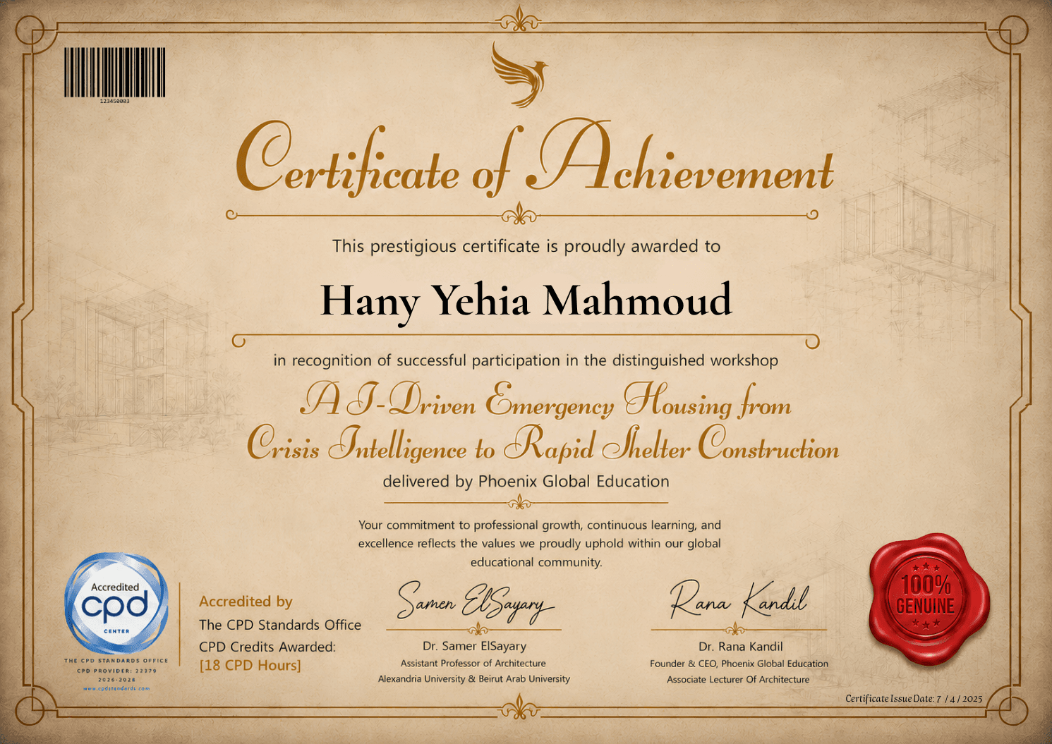 Certificate awarded to Hany Yehia Mahmoud